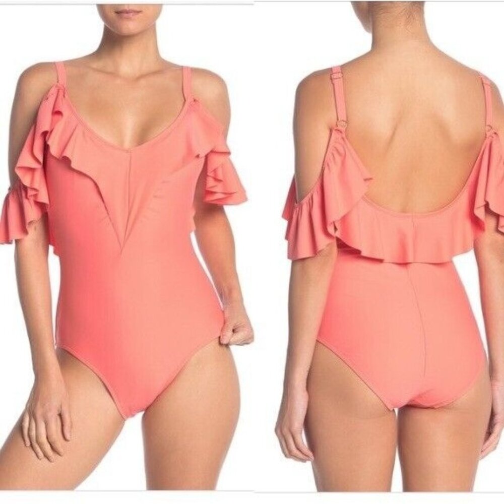 Nicole Miller Womens Large Coral Ruffle‎ One Piece Swimsuit Swim